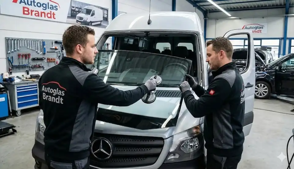 Zwei Autoglaser beim Windschutzscheibenwechsel an Mercedes Sprinter Transporter